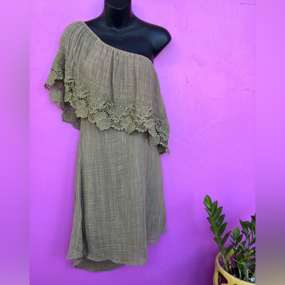 O’Neill One-Shoulder Olive Green Dress with Lace Trim